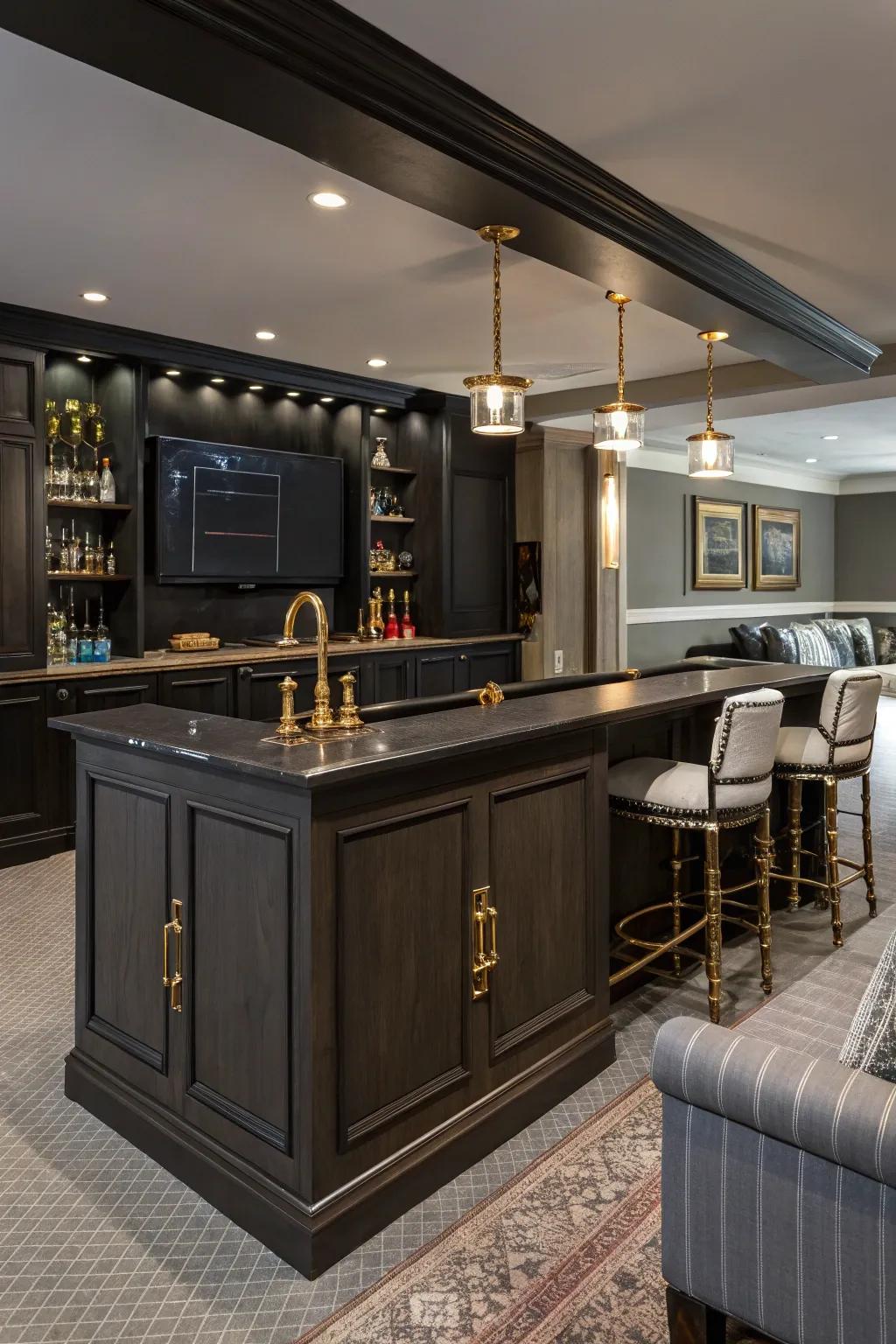 A sophisticated game room home bar with stylish finishes.