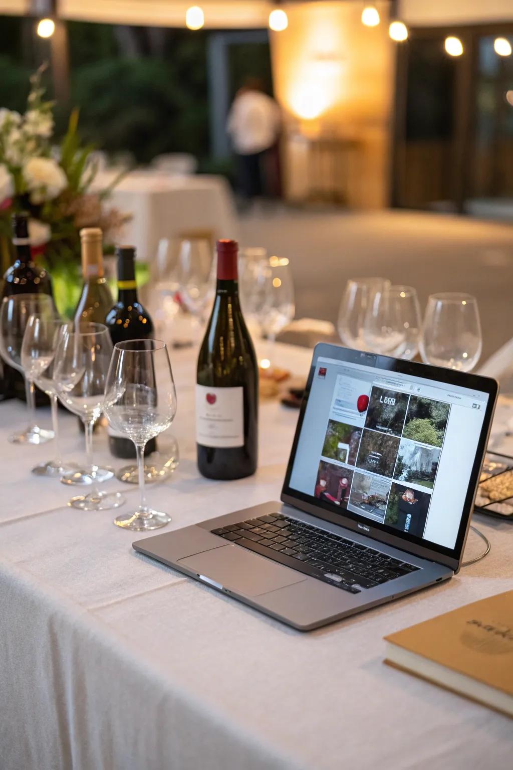 Virtual wine tasting event setup with wine glasses and a laptop displaying the event.