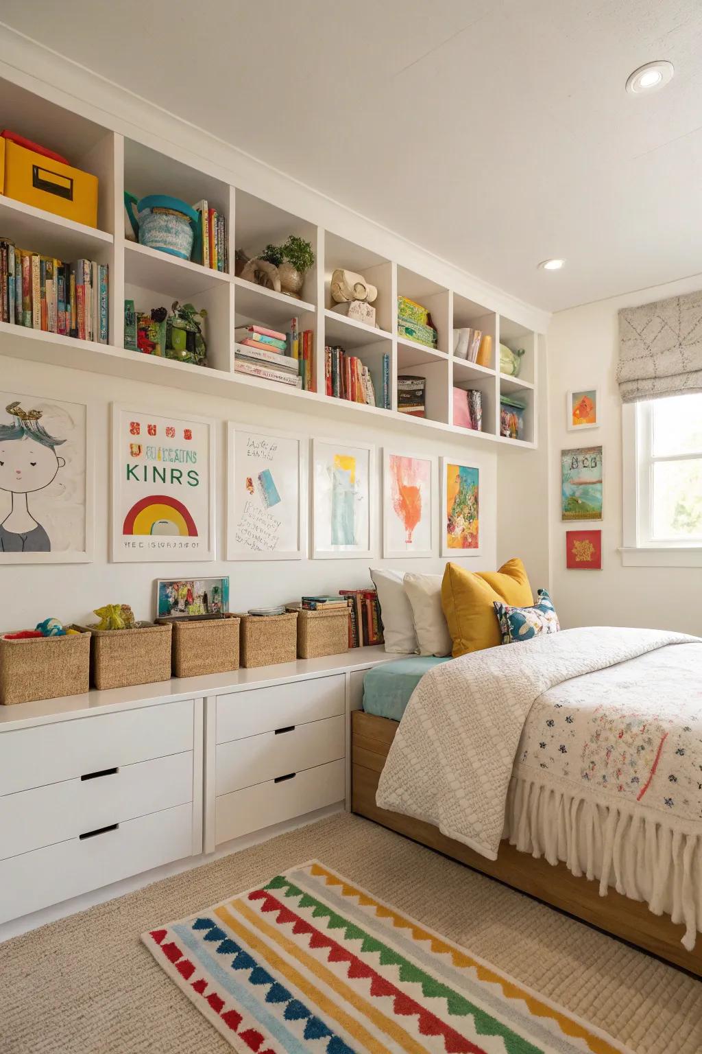 Extra storage solutions keep clutter at bay and the room organized.