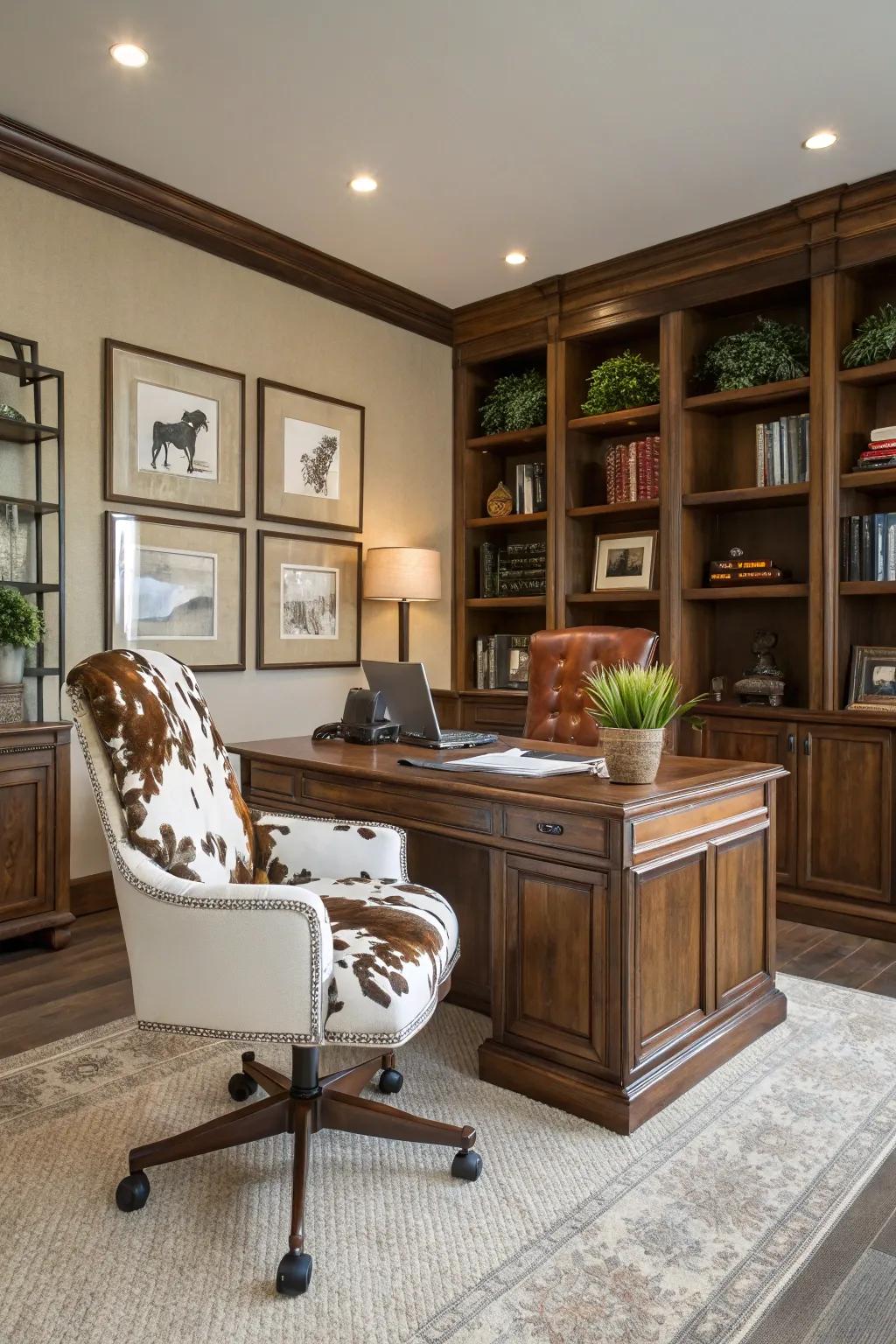 A cowhide office chair adds luxury and comfort.