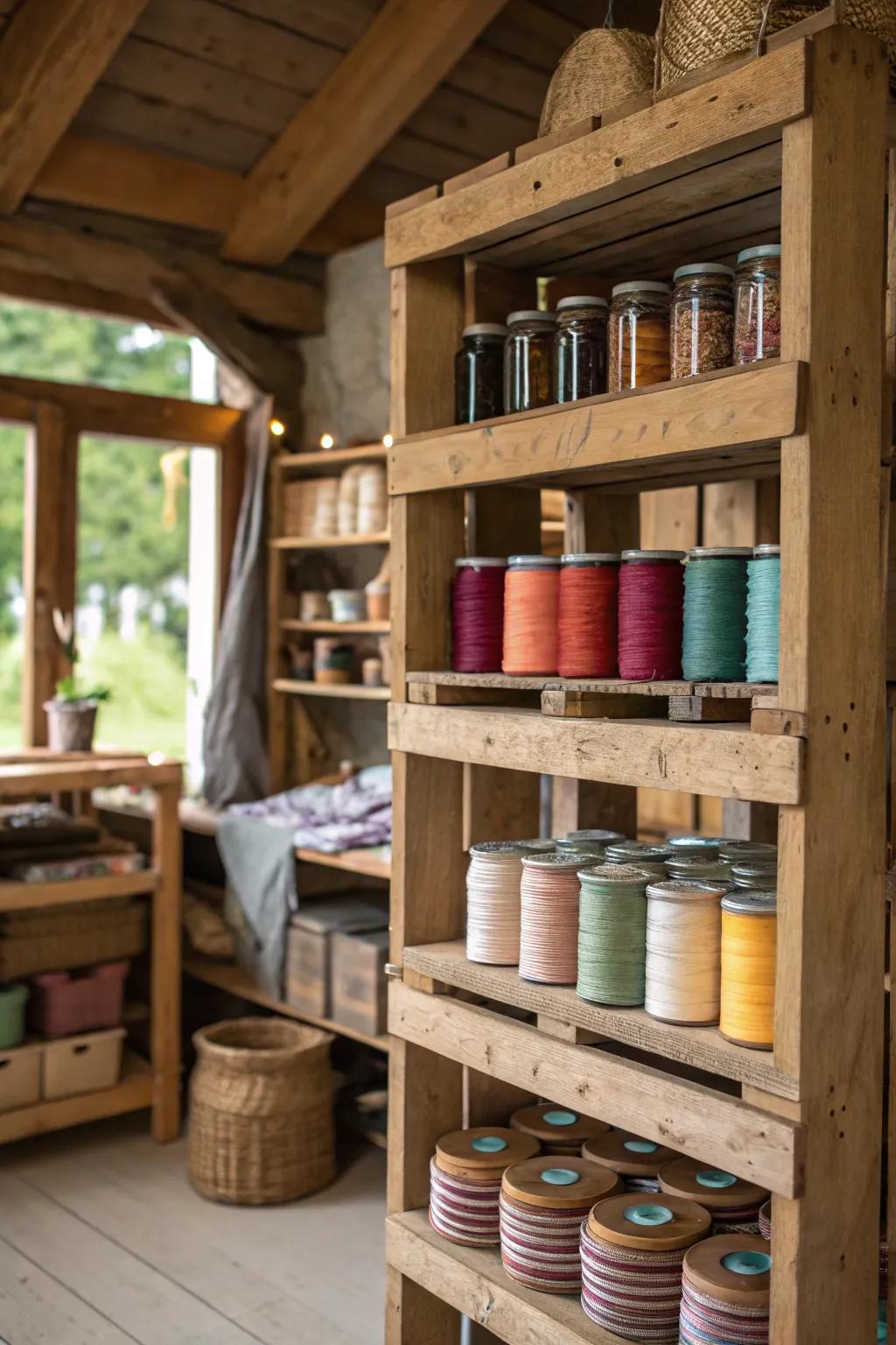 Wooden pallet shelves offer rustic charm and practical storage.