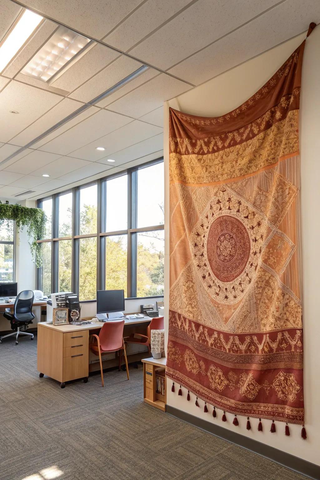 Fabric wall hangings that add texture and warmth to the office decor.