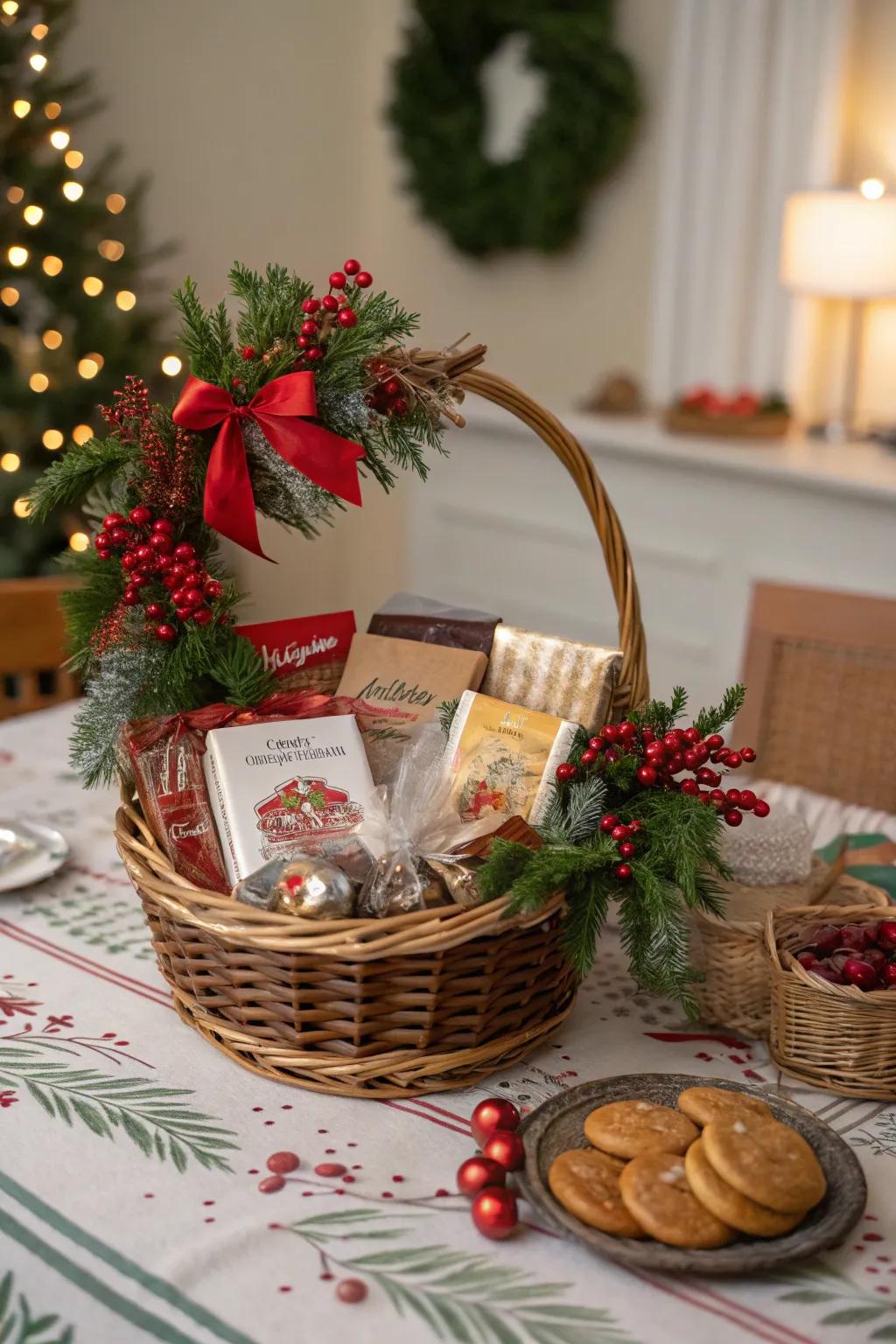 A festive gift basket with a seasonal wreath accent.