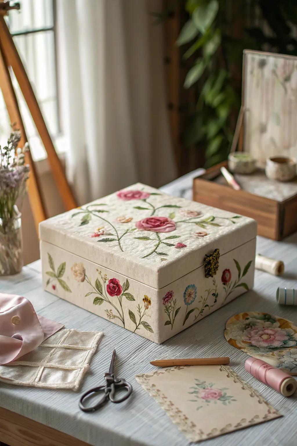 A box with artistic floral appliqués.