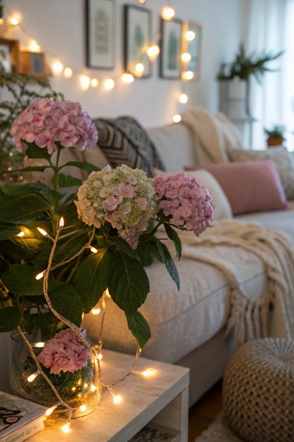 String lights and hydrangeas create a magical glow.