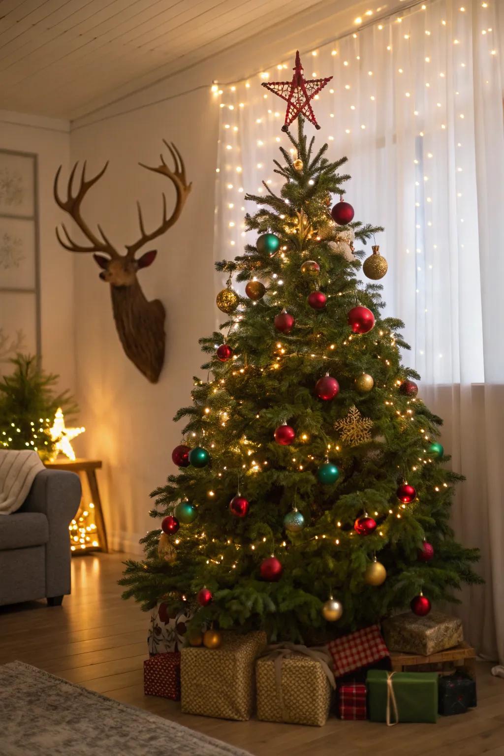 Blend holiday cheer with rustic elegance using antler tree decor.