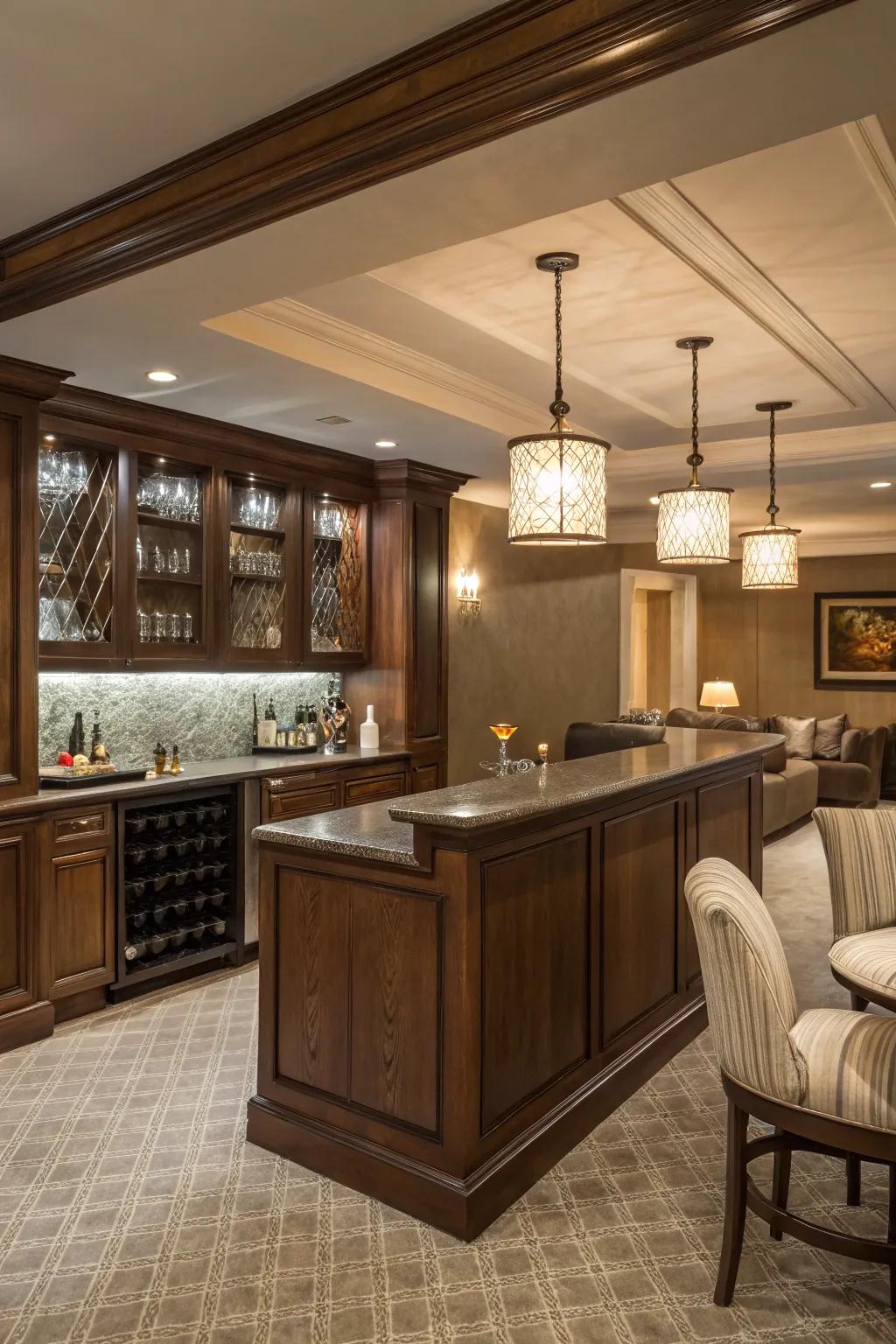 A wet bar adds sophistication and function to your den.