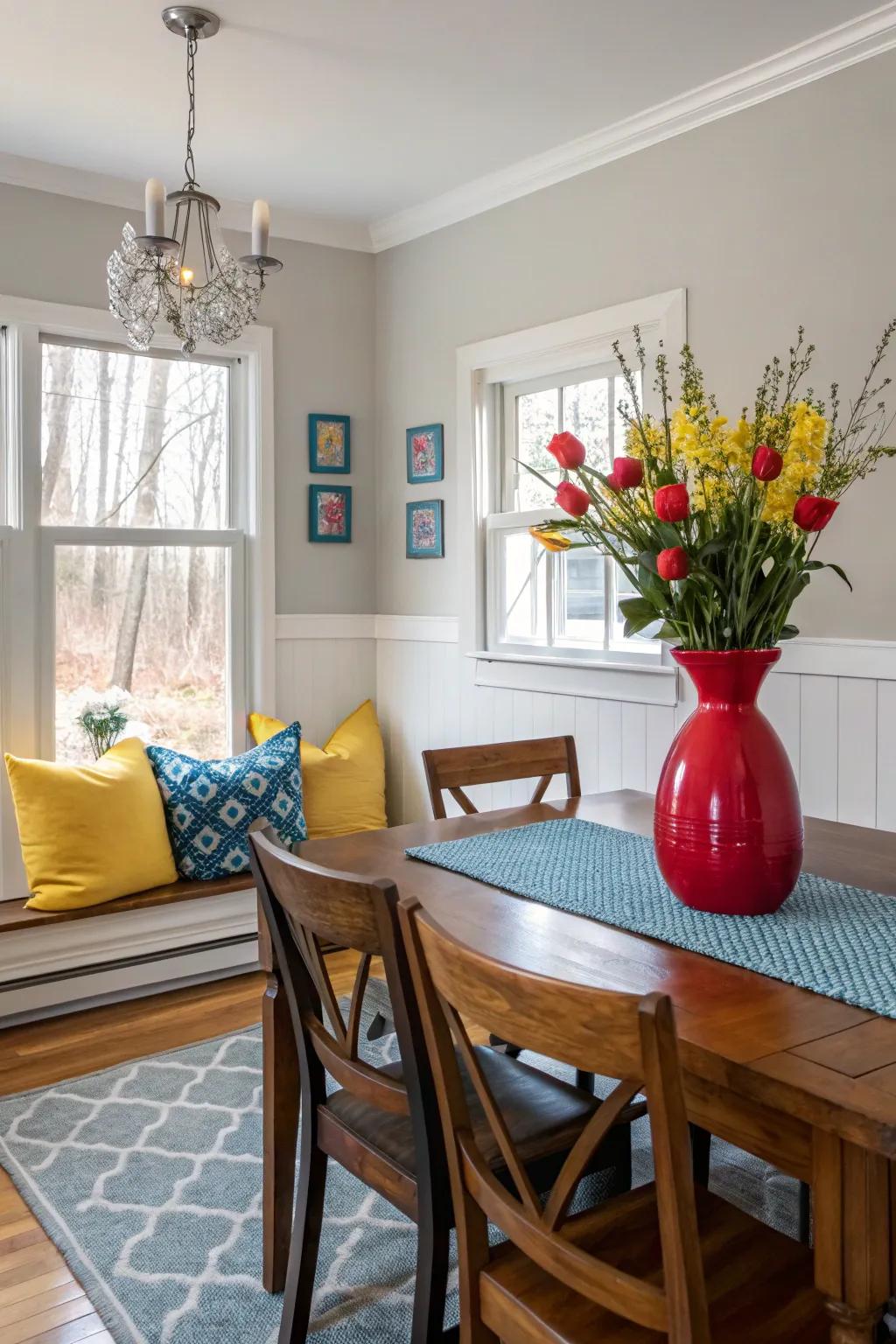 A pop of color adds vibrancy and interest to the dining room.