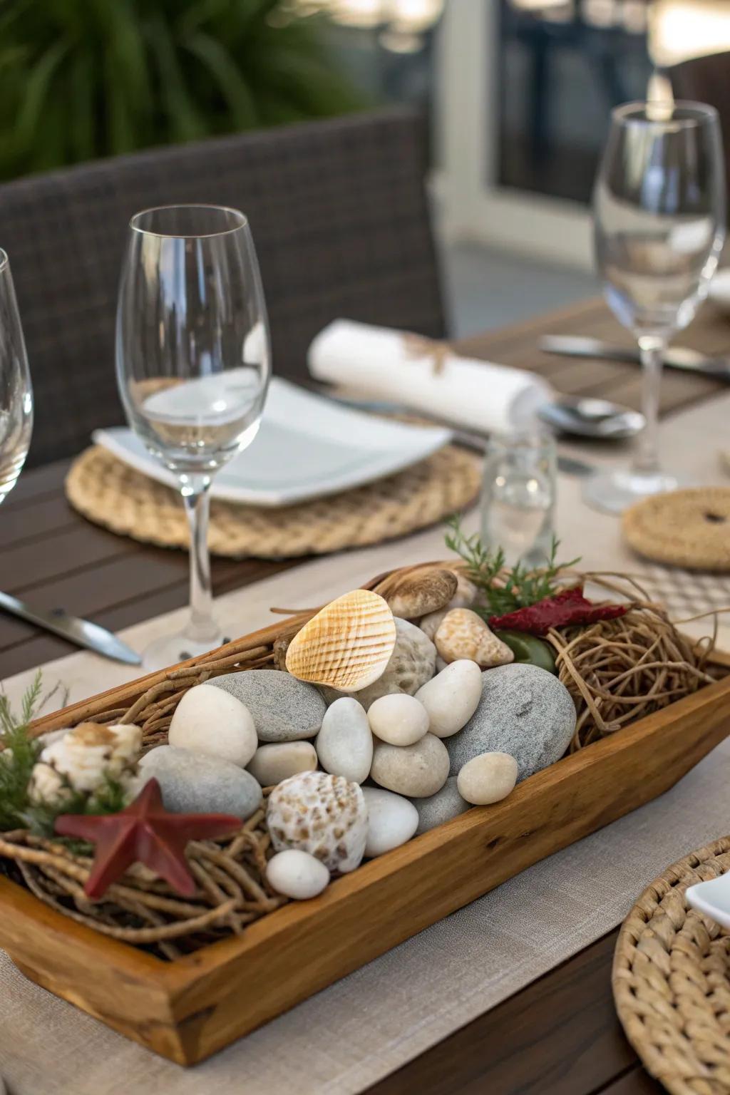 An earthy centerpiece featuring a mix of natural elements like stones, shells, and wood.