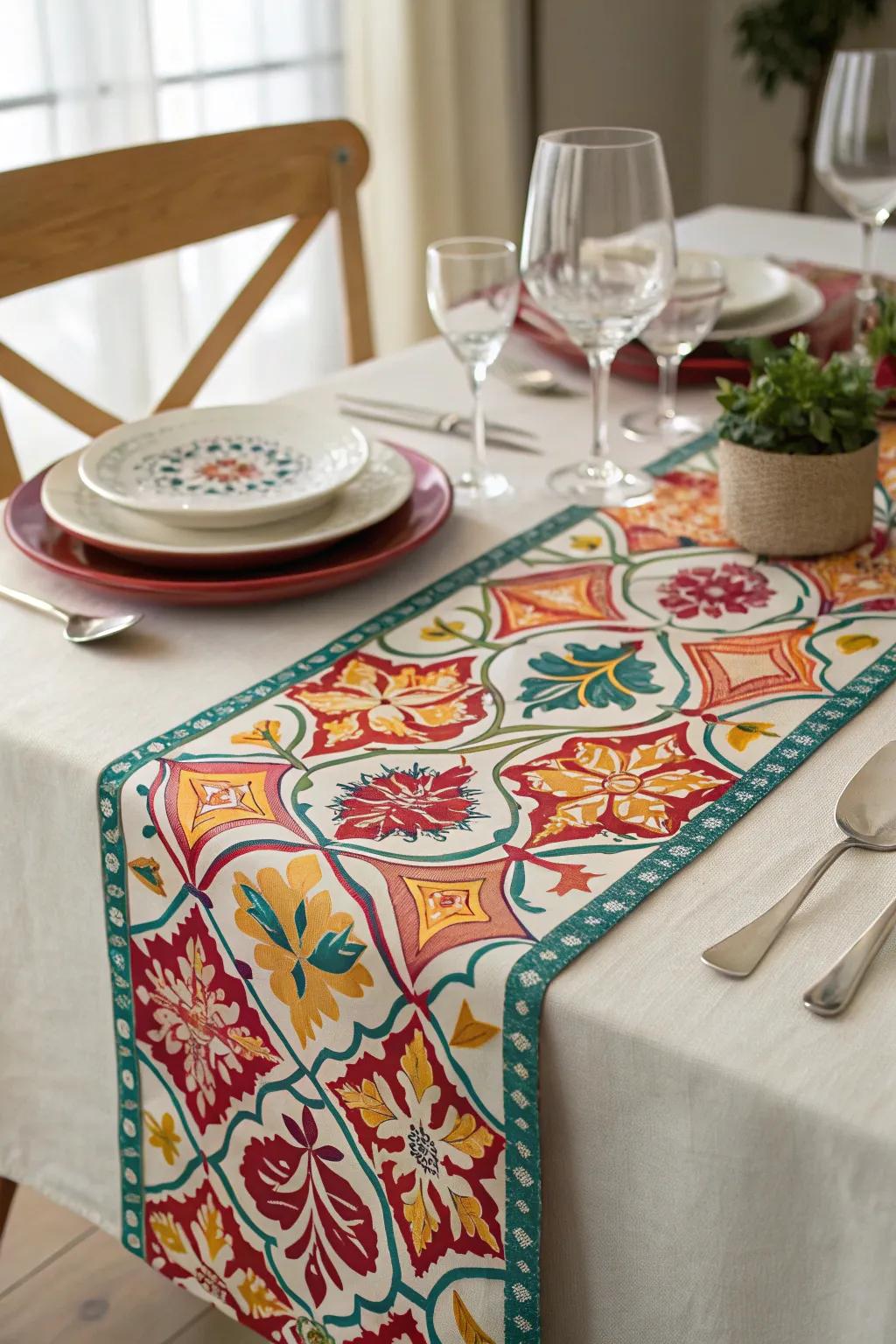 Dress up your dining space with a patterned fabric table runner.