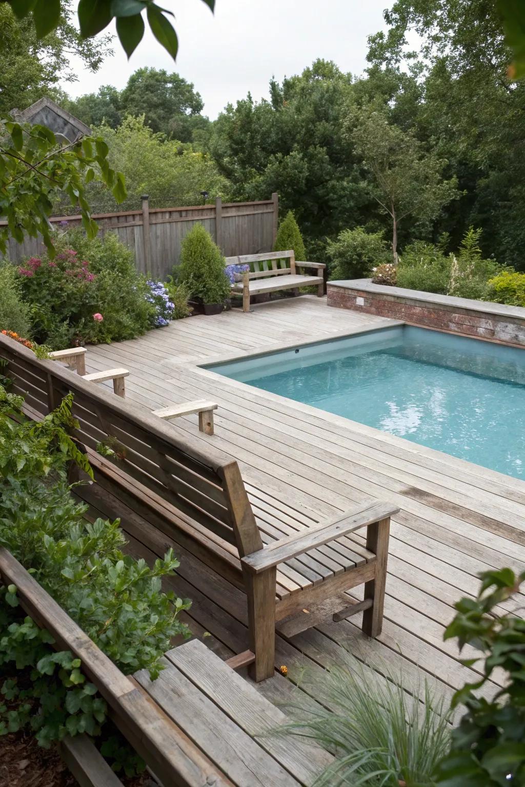 Built-in benches provide style and functionality to your pool deck.