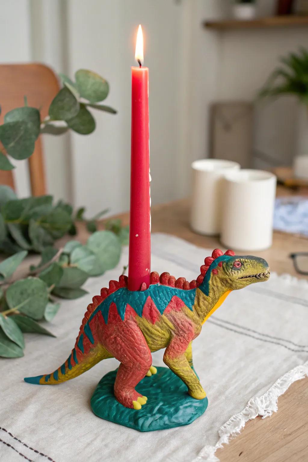 Add fun and quirkiness with a dino-themed candle holder centerpiece.