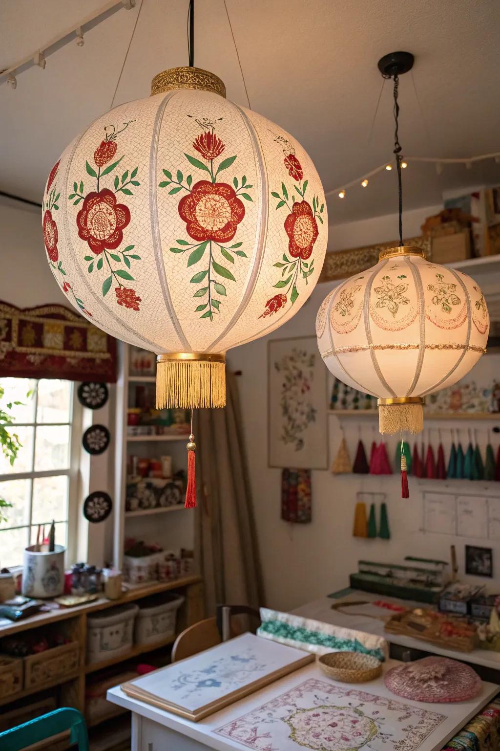 Embroidered lanterns offer a personalized, crafty touch to home decor.