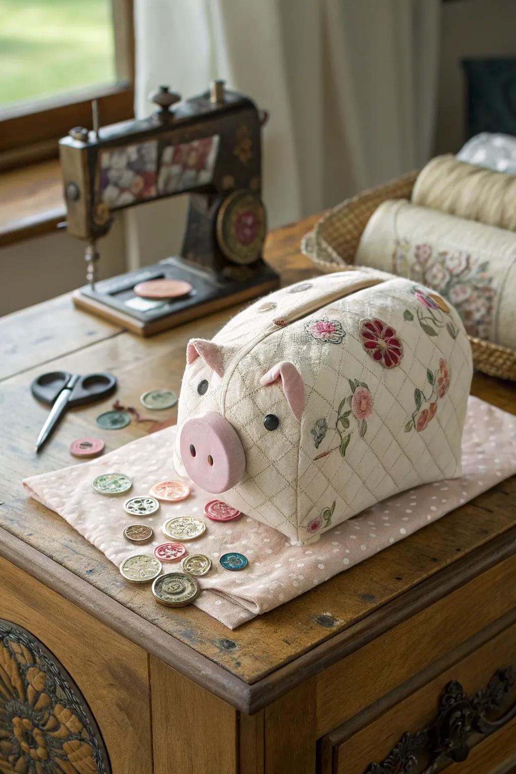 Cozy fabric-covered box piggy bank.