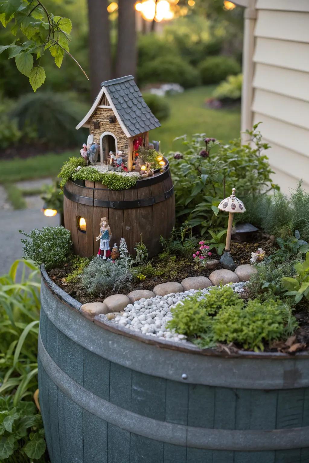 An enchanting fairy garden crowns this rain barrel, adding whimsy and wonder.