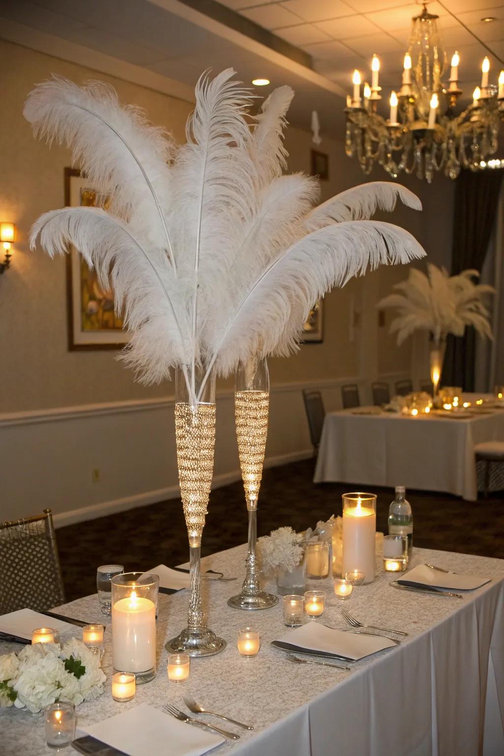 Feathers add a luxurious and glamorous touch to the centerpiece.