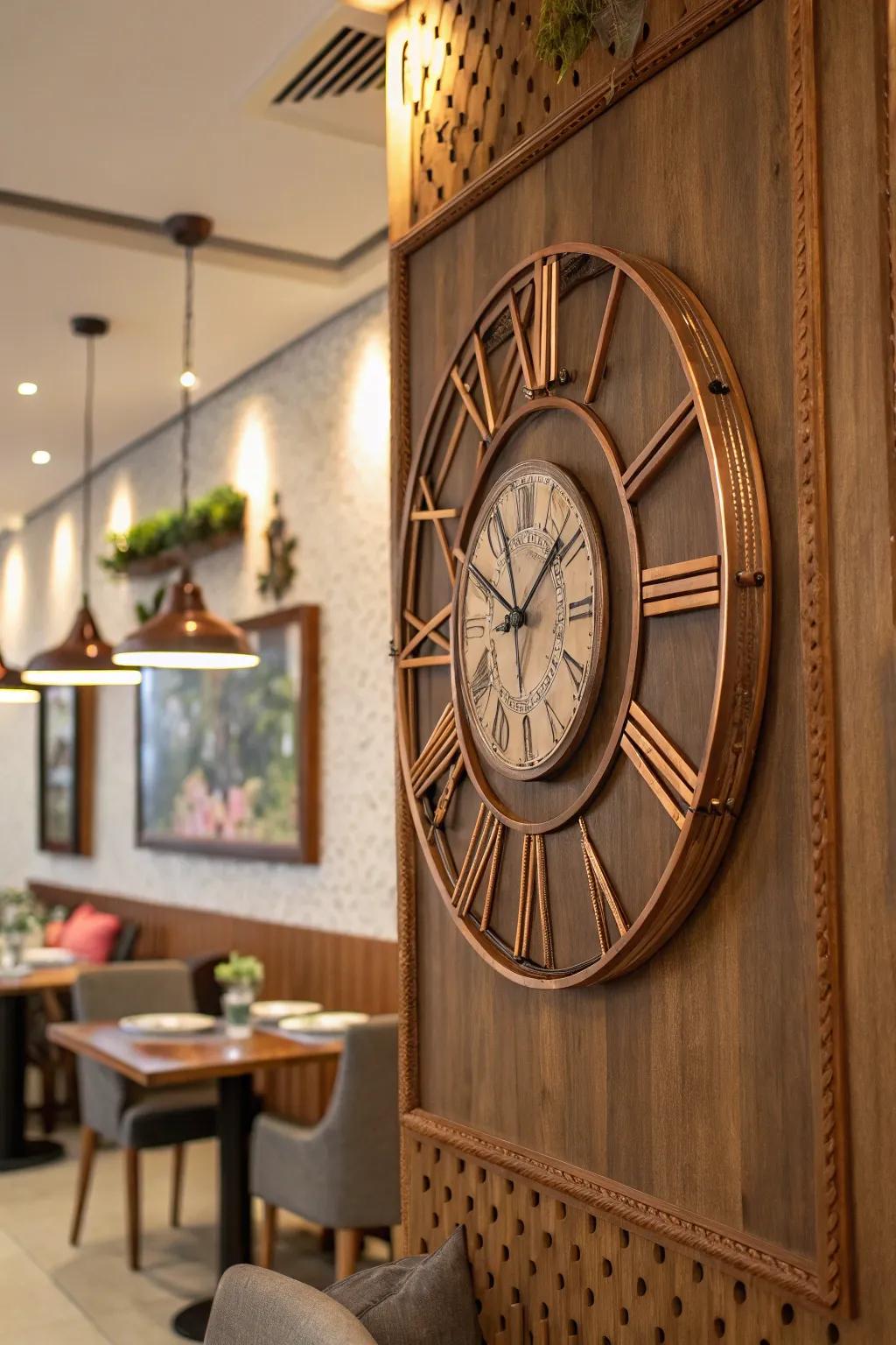 Fuse elegance with a wood and copper clock.