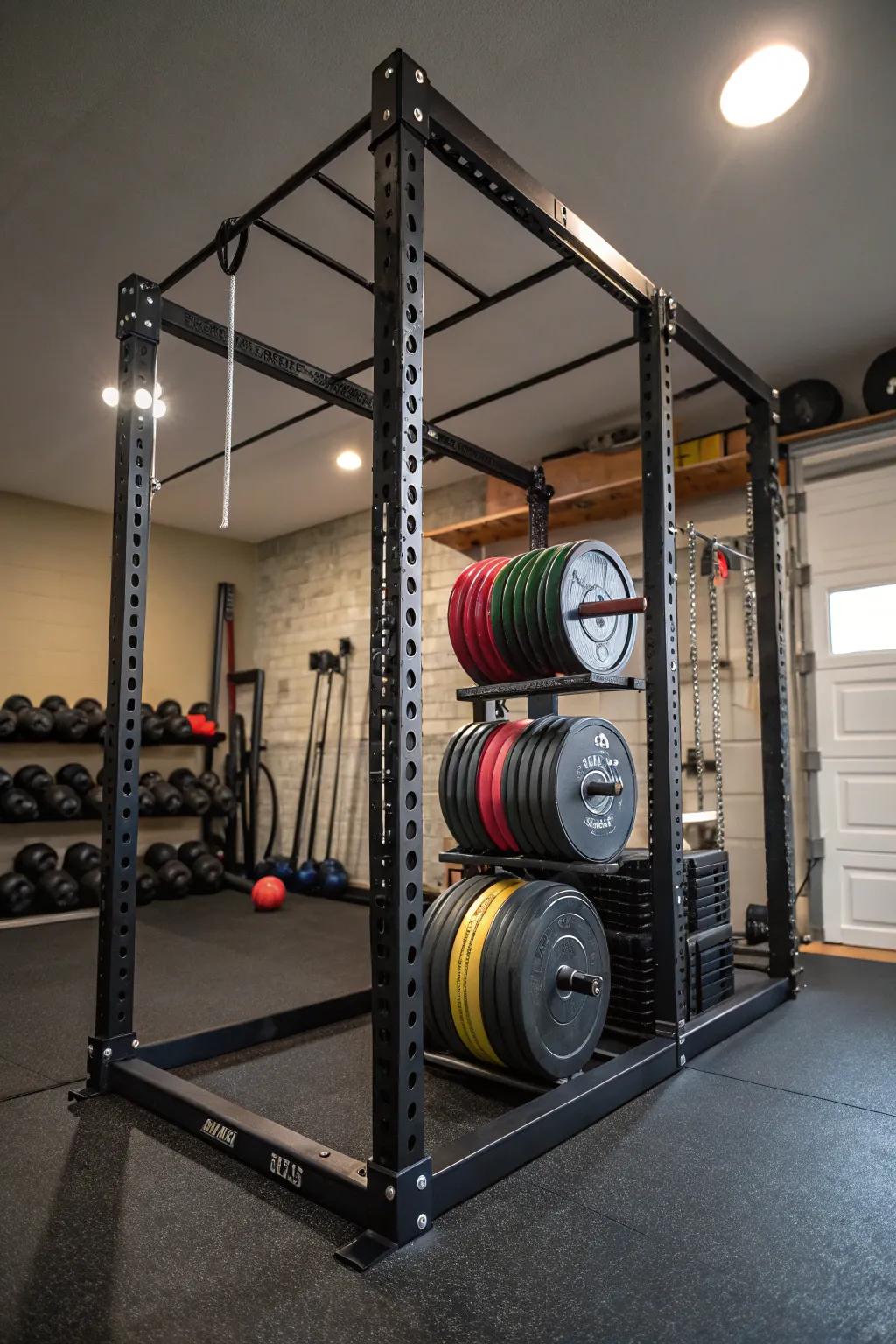 A weight plate cage keeps plates organized and visible.