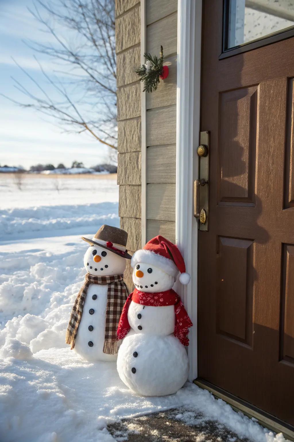 A door decorated with a gathering of friendly snowmen.