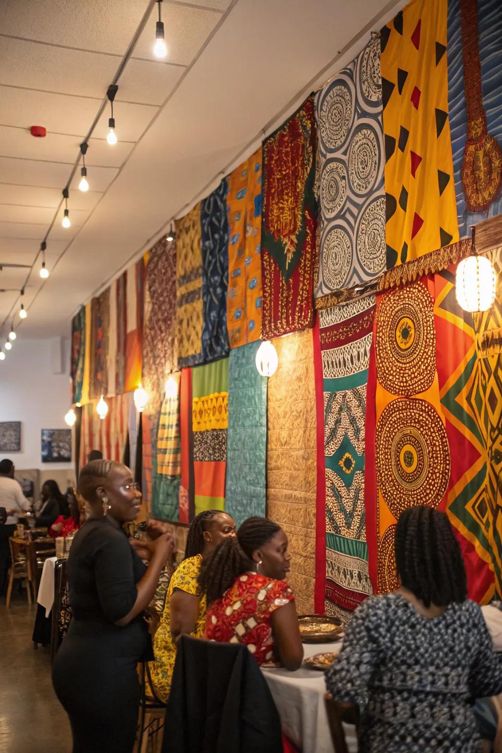 African textile wall hangings celebrate artistic traditions and add vibrancy.