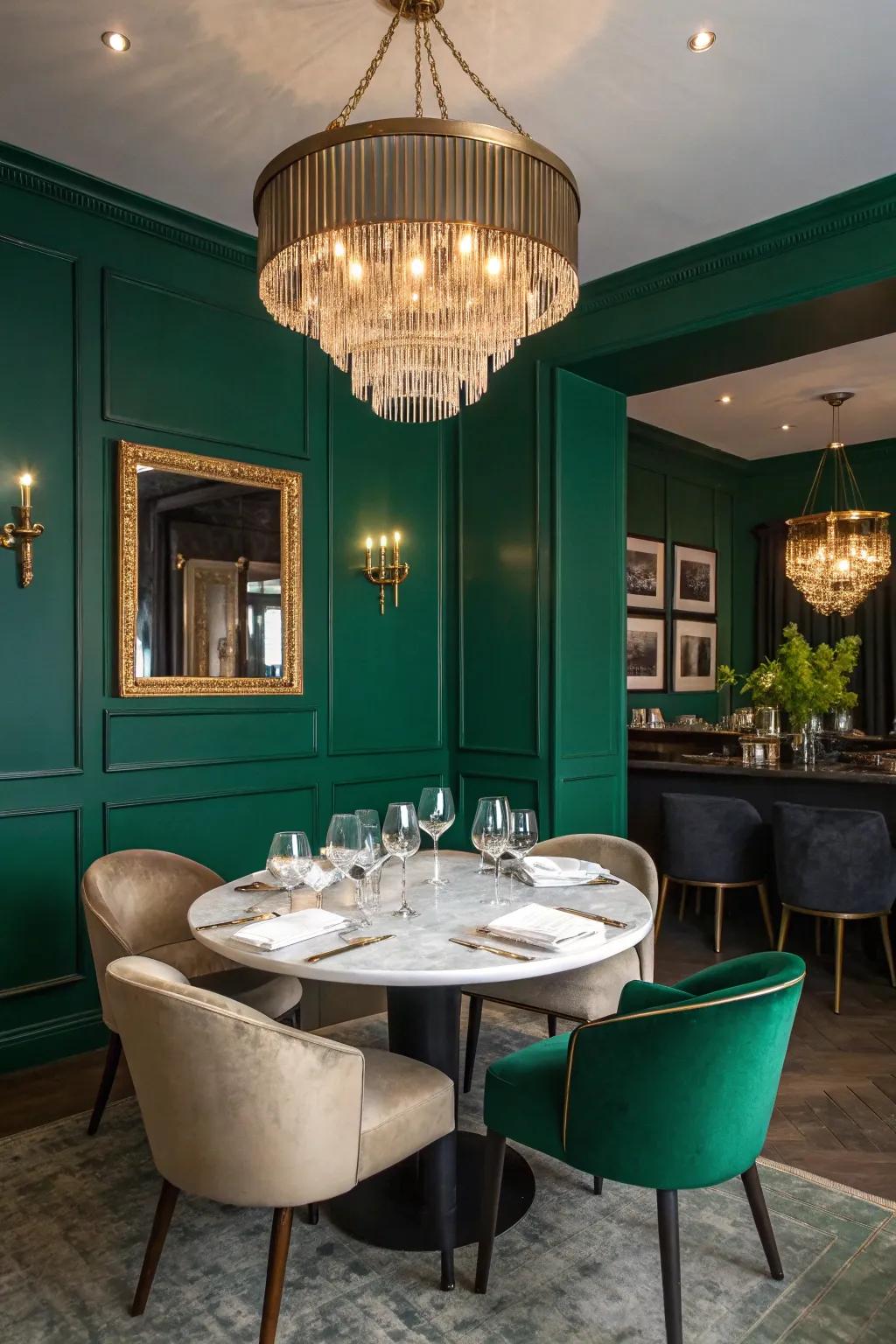 Emerald green and brass add warmth and luxury to dining spaces.