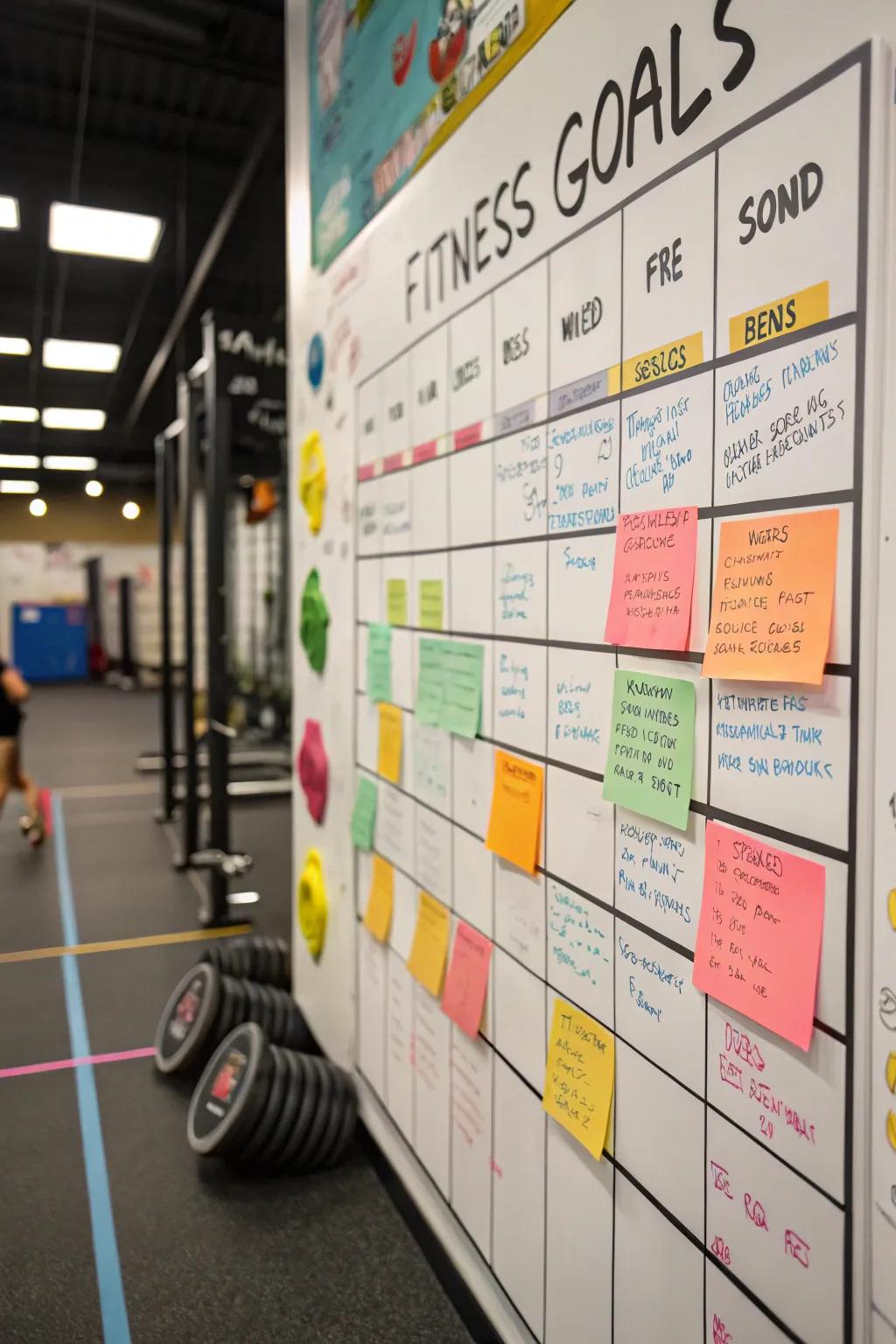 A fitness goals board with visual trackers and motivational elements.