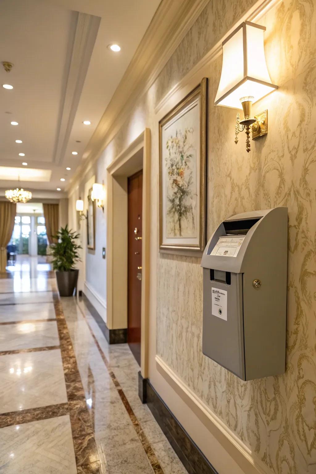 A stylish wall-mounted suggestion box in a modern hallway.