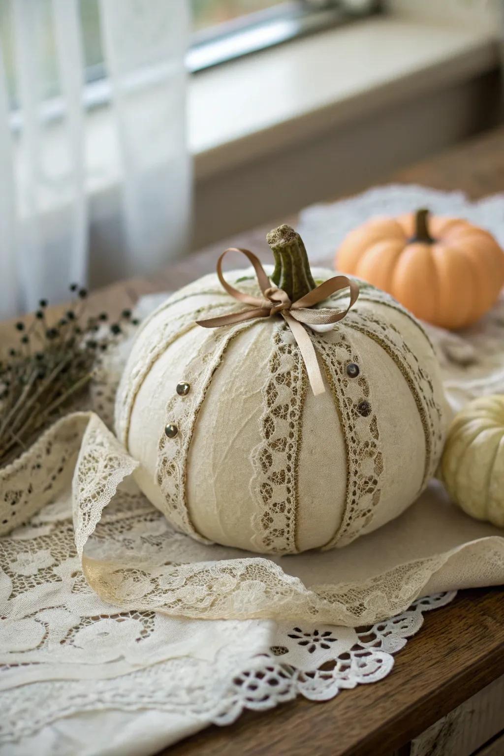 Lace accents bring a vintage and romantic touch to pumpkin decor.