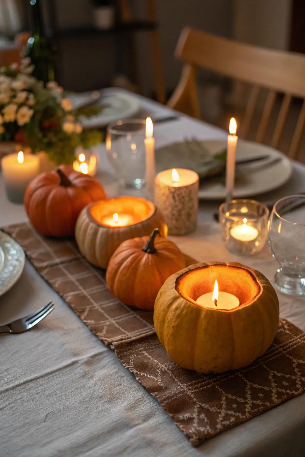 Pumpkin candle holders add a warm glow to fall settings.