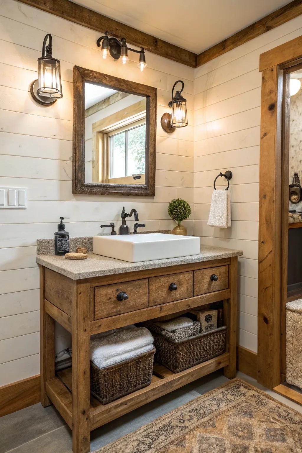 A farmhouse bathroom featuring space-saving wall-mounted faucets.