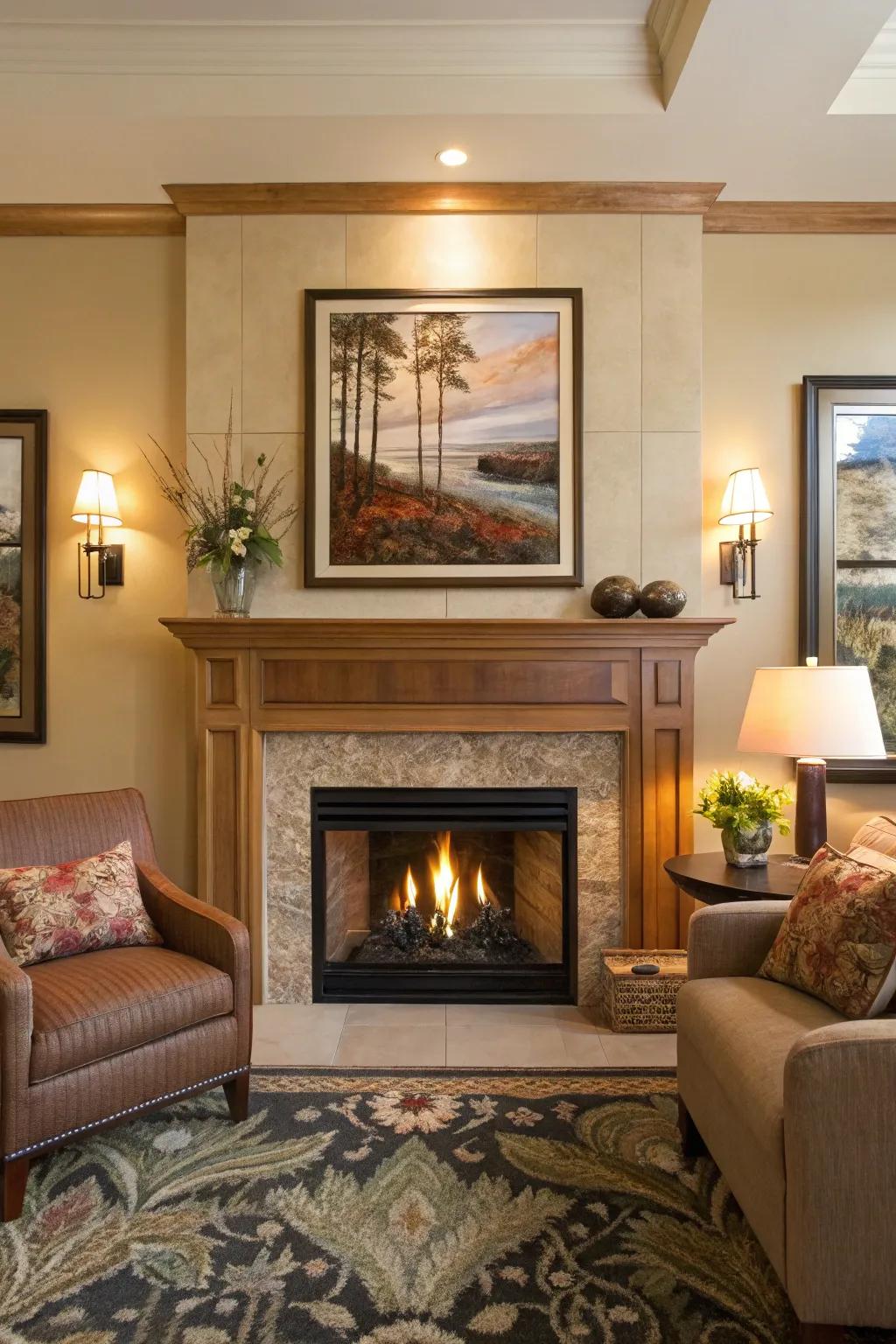 Statement artwork above the fireplace creating a captivating visual centerpiece.