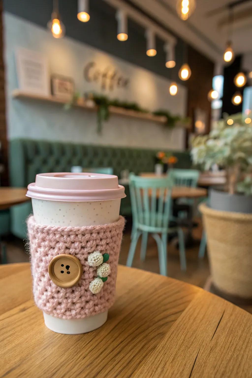 A crochet coffee cozy, perfect for keeping drinks warm.