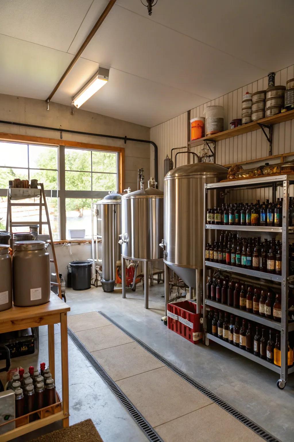 A compact home brewery offering brewing adventures in a converted garage.