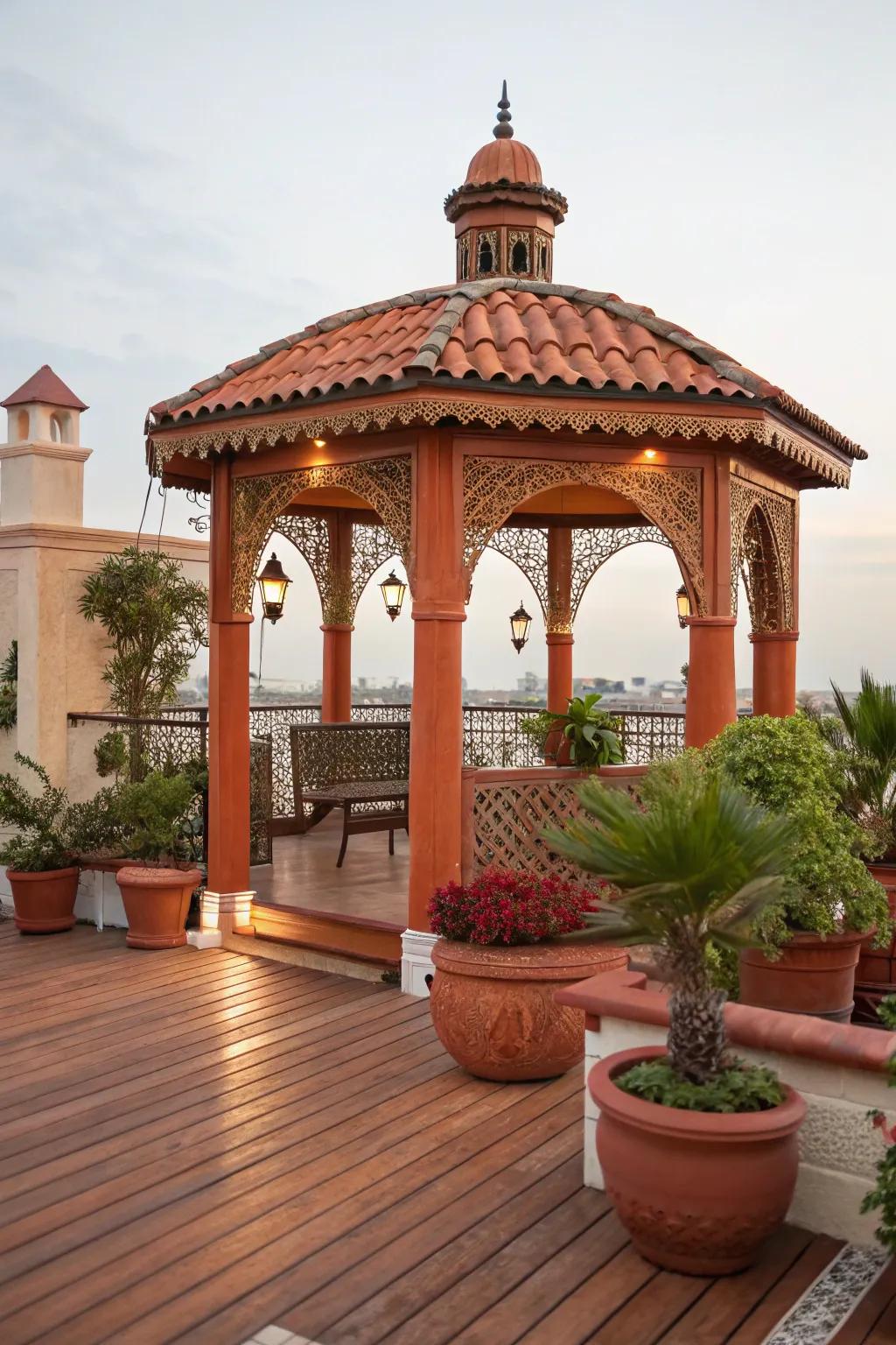 Transport yourself to the Mediterranean with a vibrant gazebo.