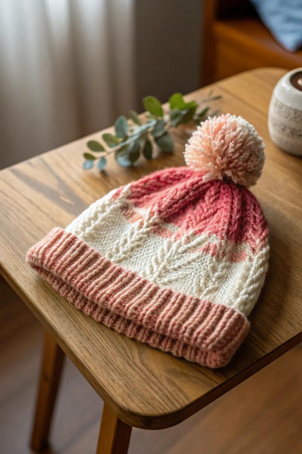 A cozy knitted winter hat ready to combat the chill in style.