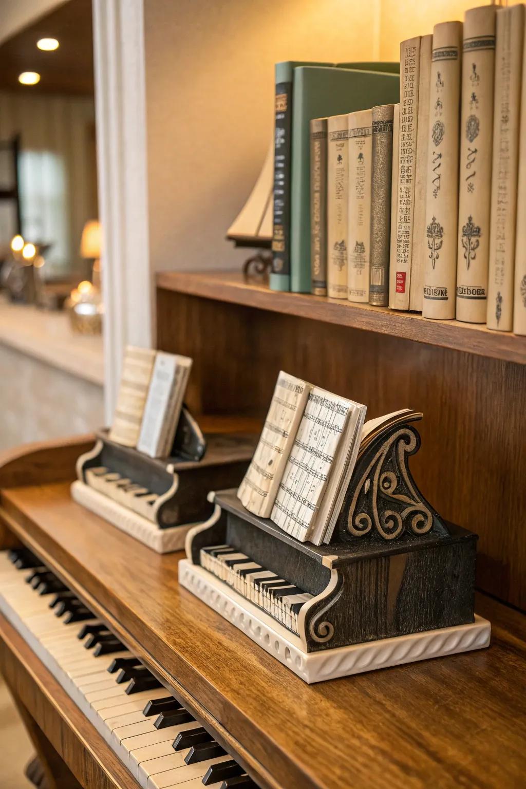 Organize with style using piano-themed bookends.