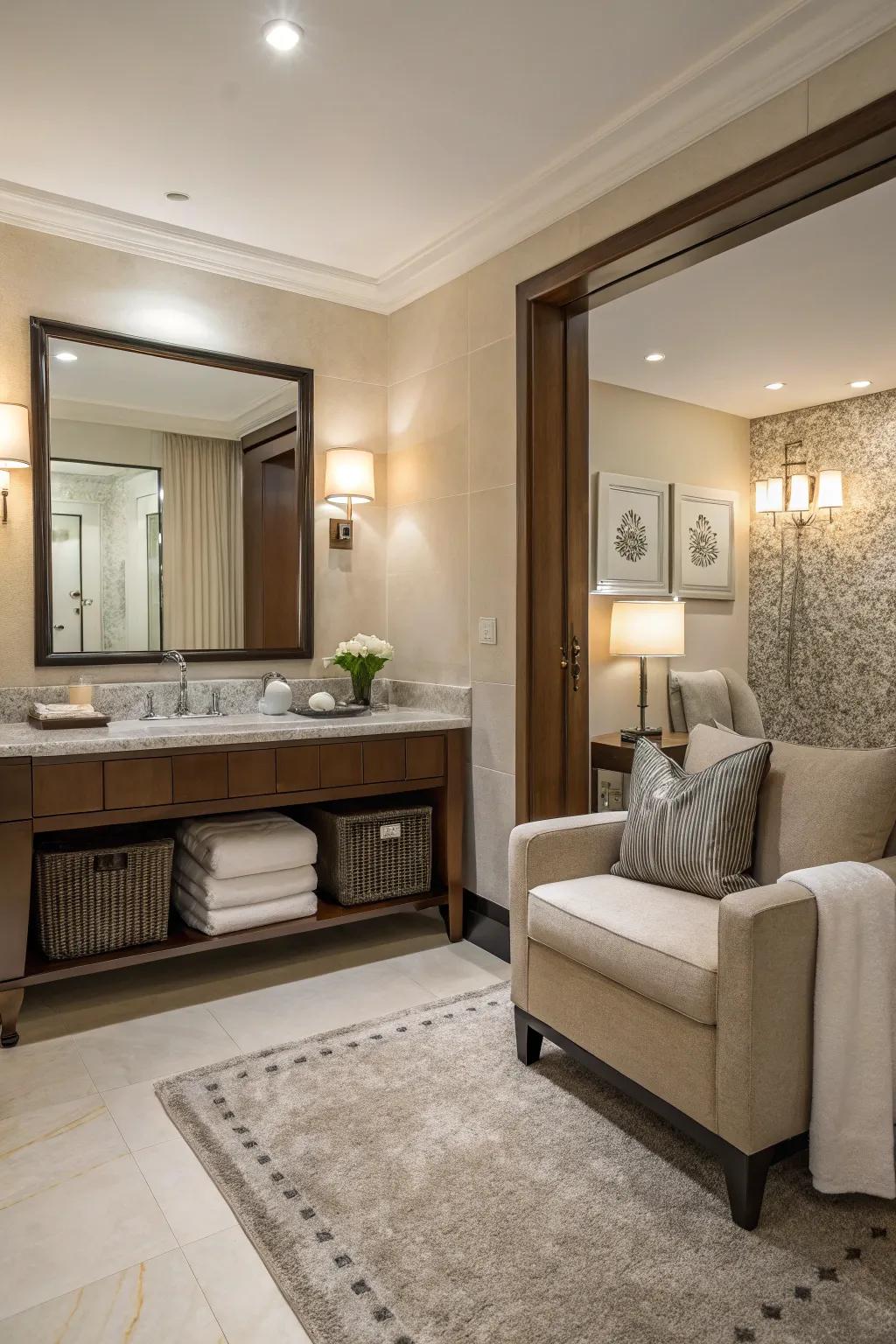 A seating area adds convenience to this guest bathroom.