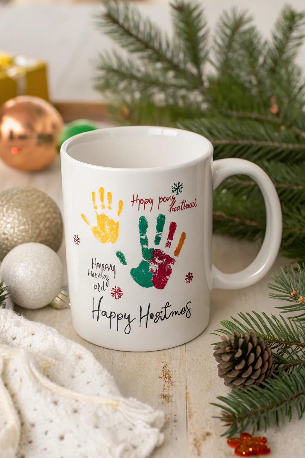 Spread cheer with a seasonal greetings handprint mug.