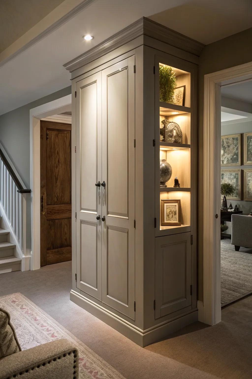 A cabinet door disguising a hidden space