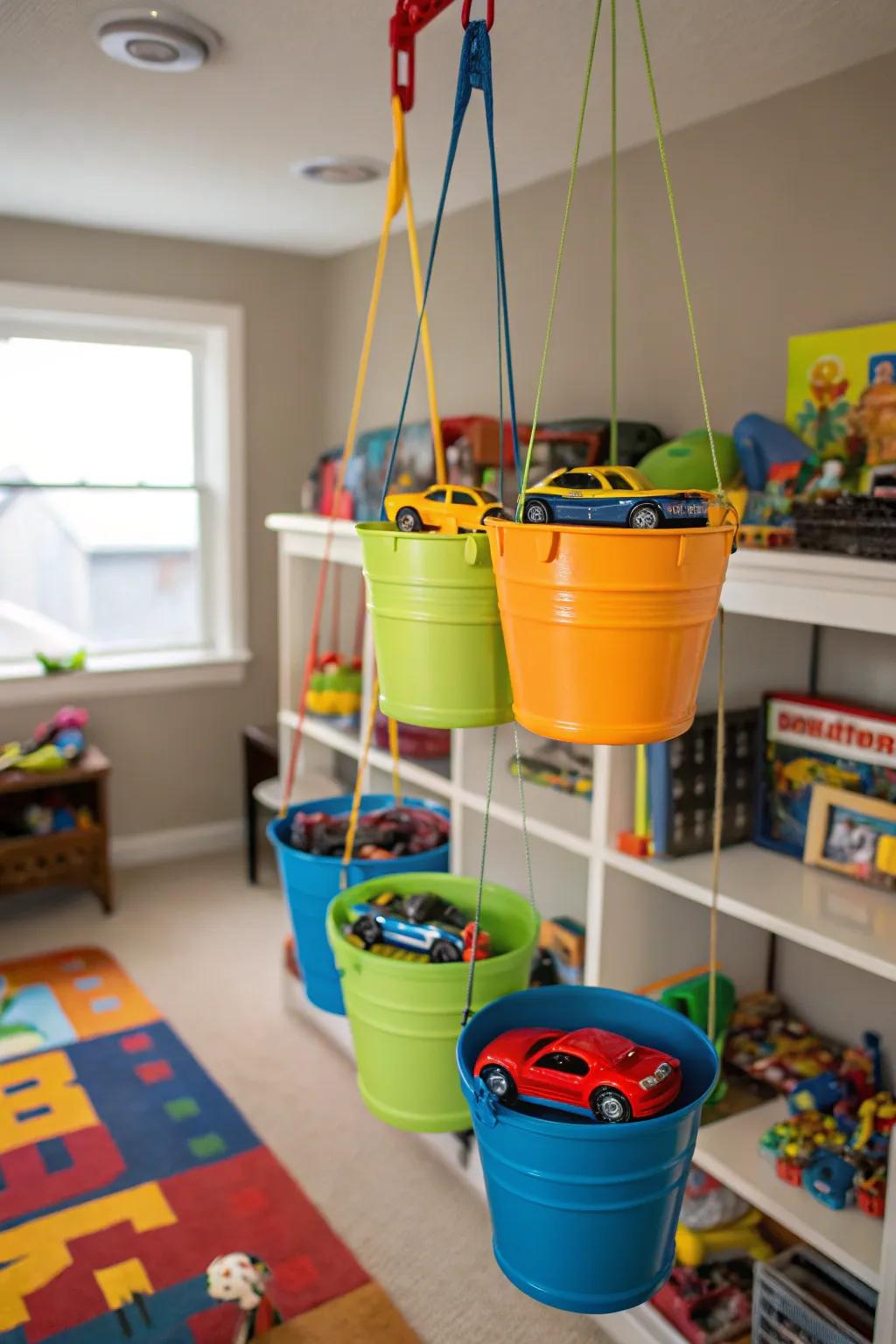 Hanging planters provide playful Hot Wheels storage.