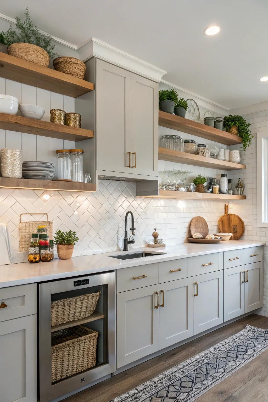 Shelves create a continuous display area above kitchen cabinets.