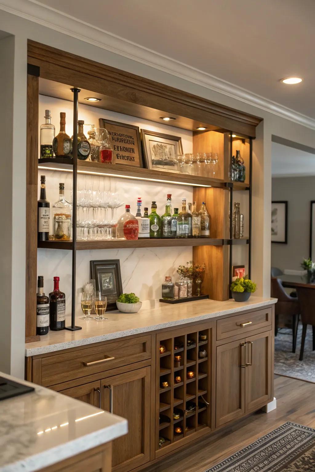 Sturdy shelving adds storage and style to your bar.