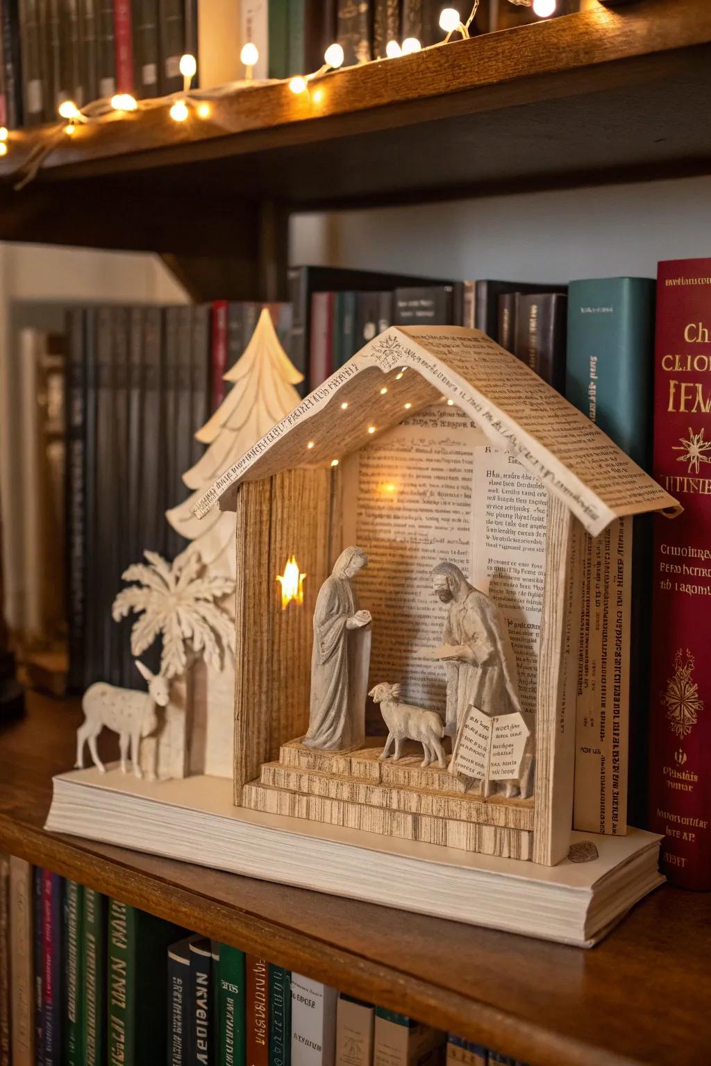 Repurposed book pages add a literary touch to the nativity scene.