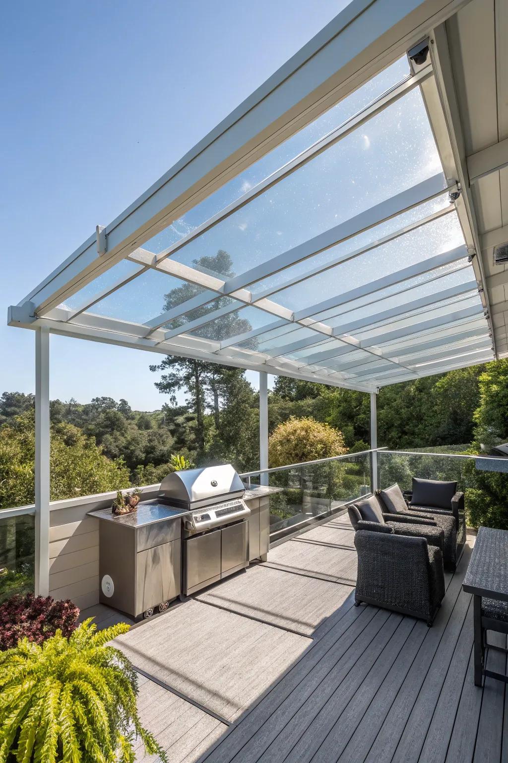 A clear acrylic roof offers open views and seamless protection.