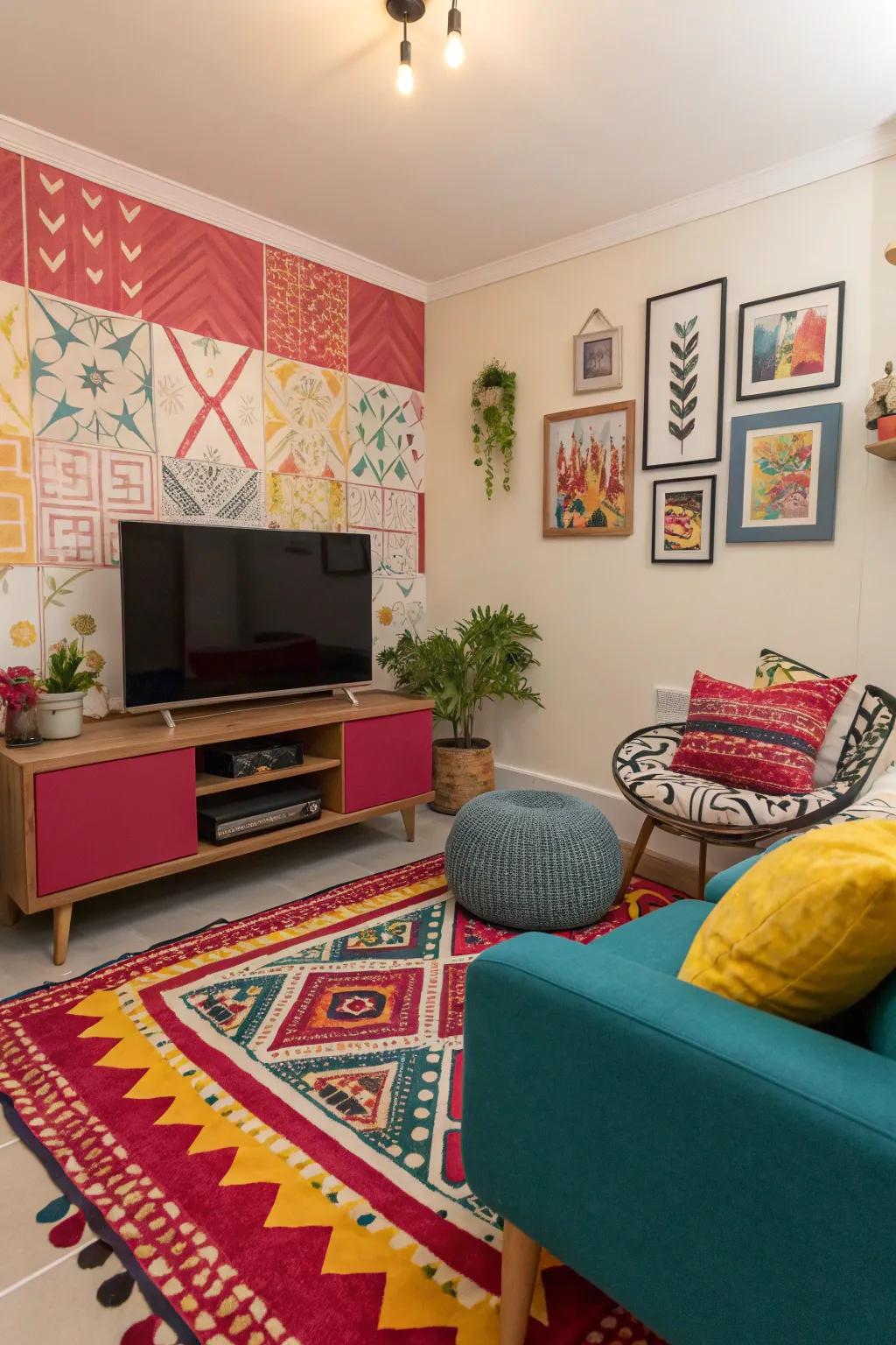 Bold colors add vibrancy and help the TV blend into the decor.