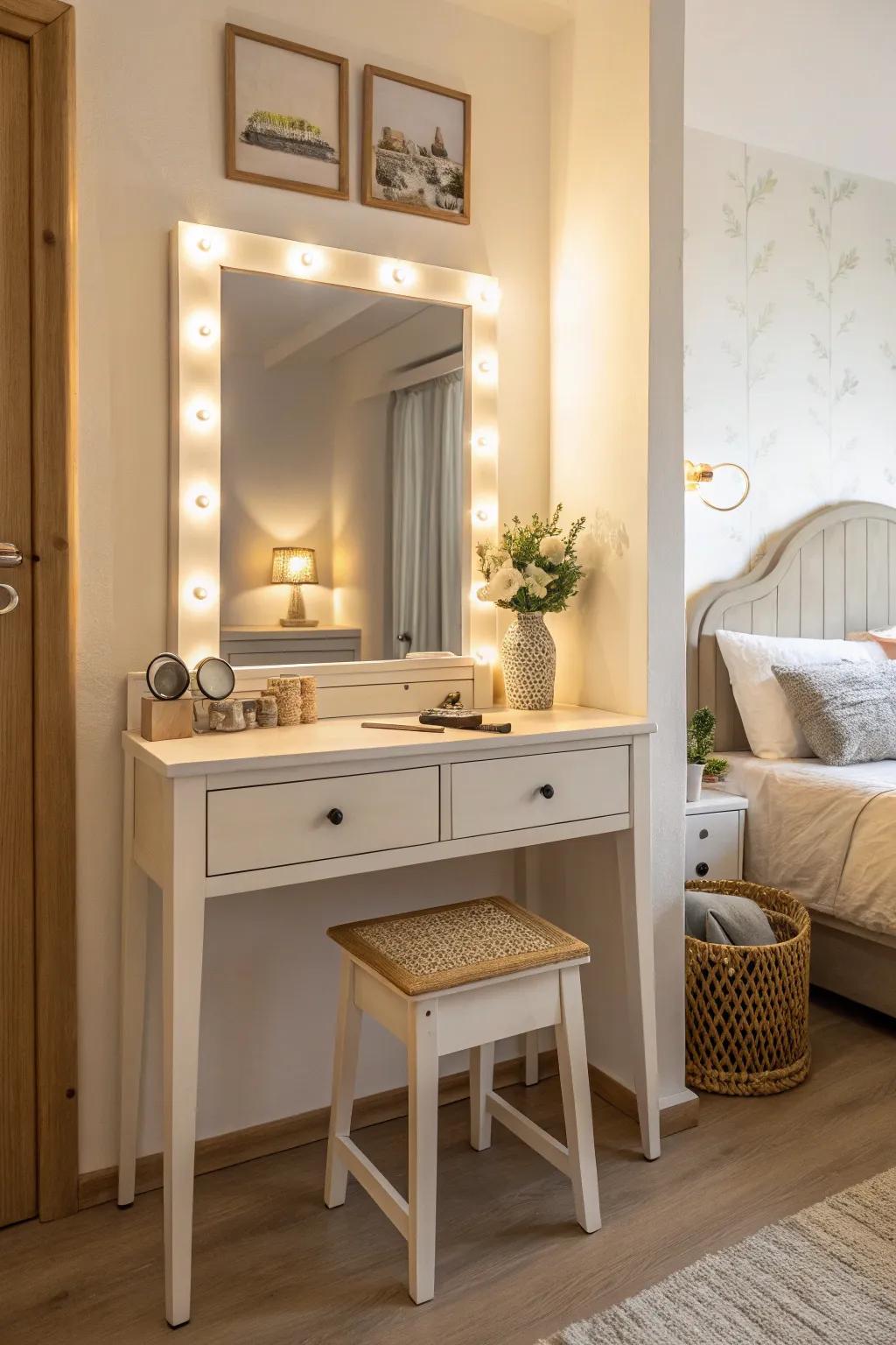 Light colors creating an airy ambiance in a small vanity area.