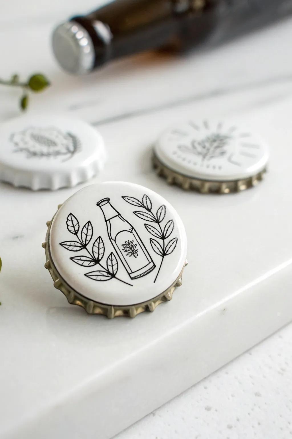 Line art bottle cap pins for a minimalist and elegant look.