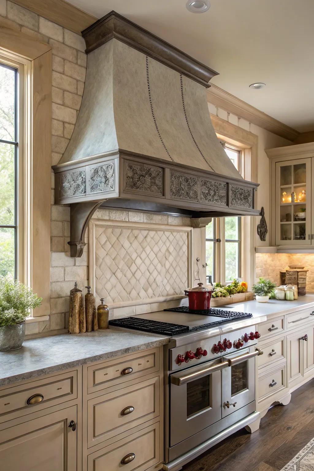 A kitchen featuring a handcrafted zinc hood with rustic elements.