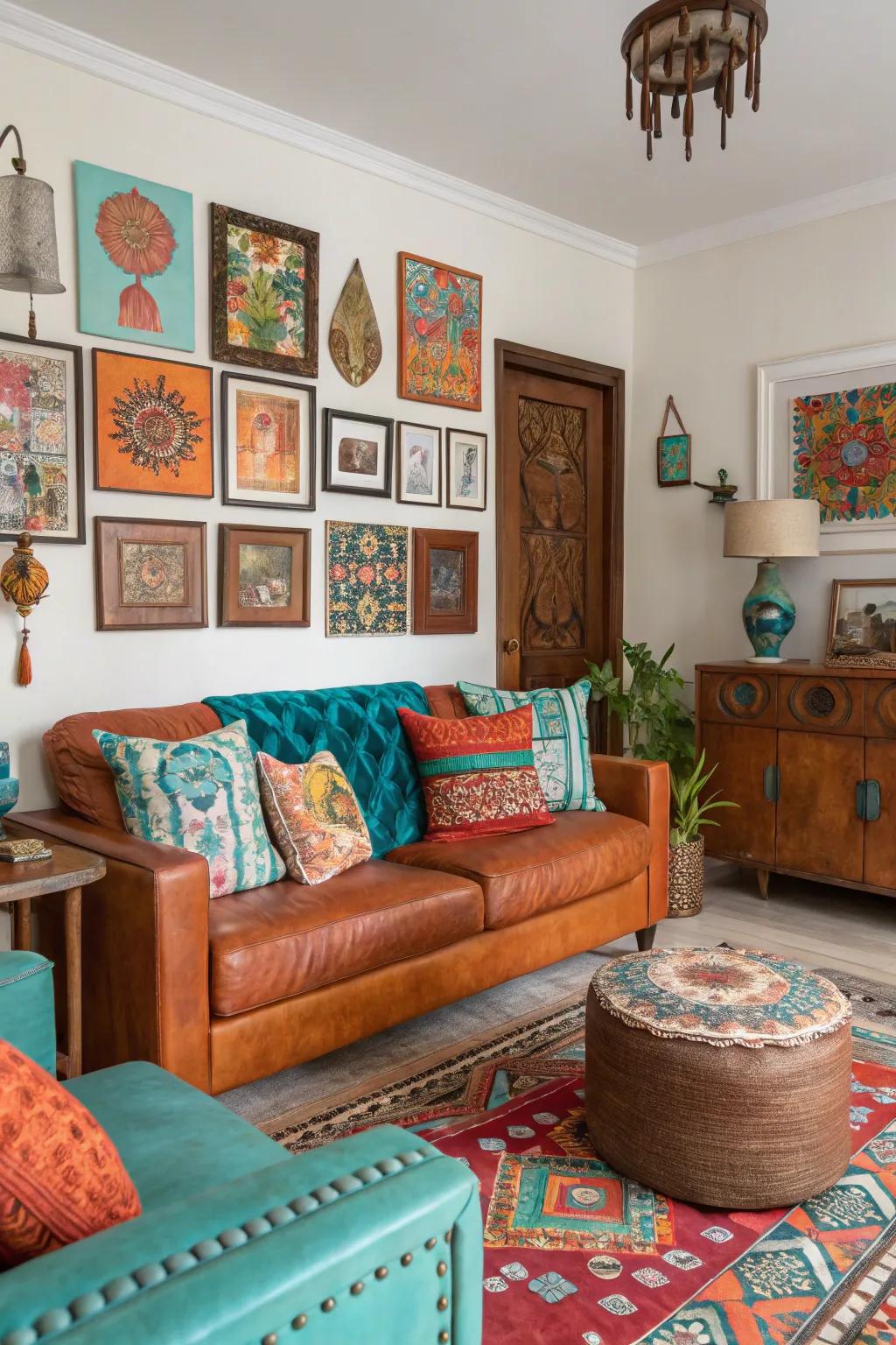 A vibrant living room with rust and turquoise accents.