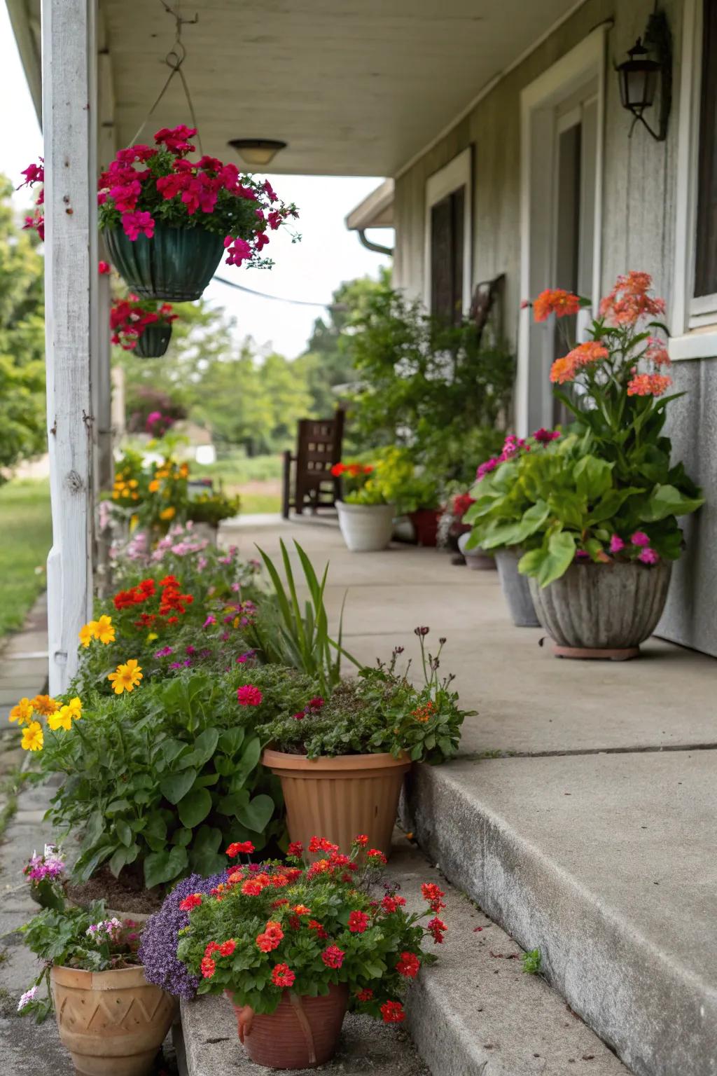 Colorful potted plants bring life to a concrete porch.